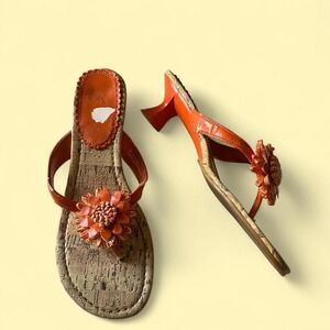 Orange Y2K Patent Floral Cork Kitten Heel Thong Sandals Womens 8.5W